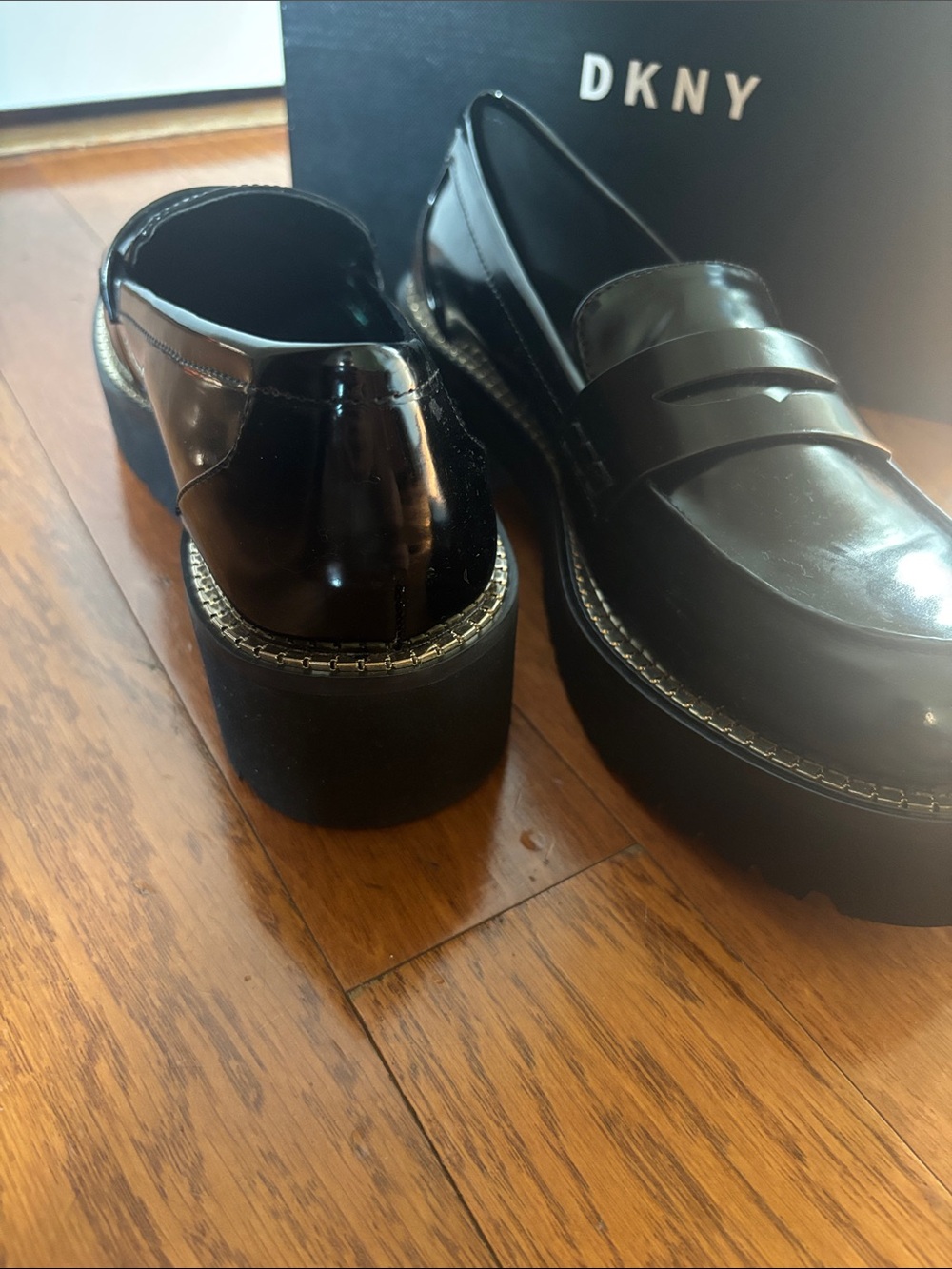 DKNY Black Patent Platform Loafers with Rhinestone Trim - Picture 4 of 4